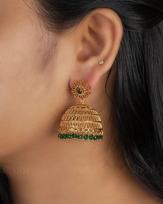 Gold-Toned Tear Droped Earrings  with Green Bead Hanging ER 241
