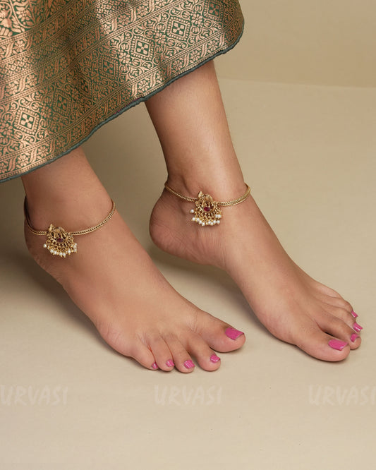 Gold Polish Elephant Motif Ruby Pearl Anklet AK 26