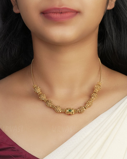 Gold-toned  Beaded Floral Ruby Green Necklace 1031