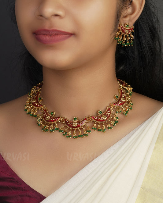 Gold-Toned Chaandbaali Designed  Bead Hanging Necklace 1051