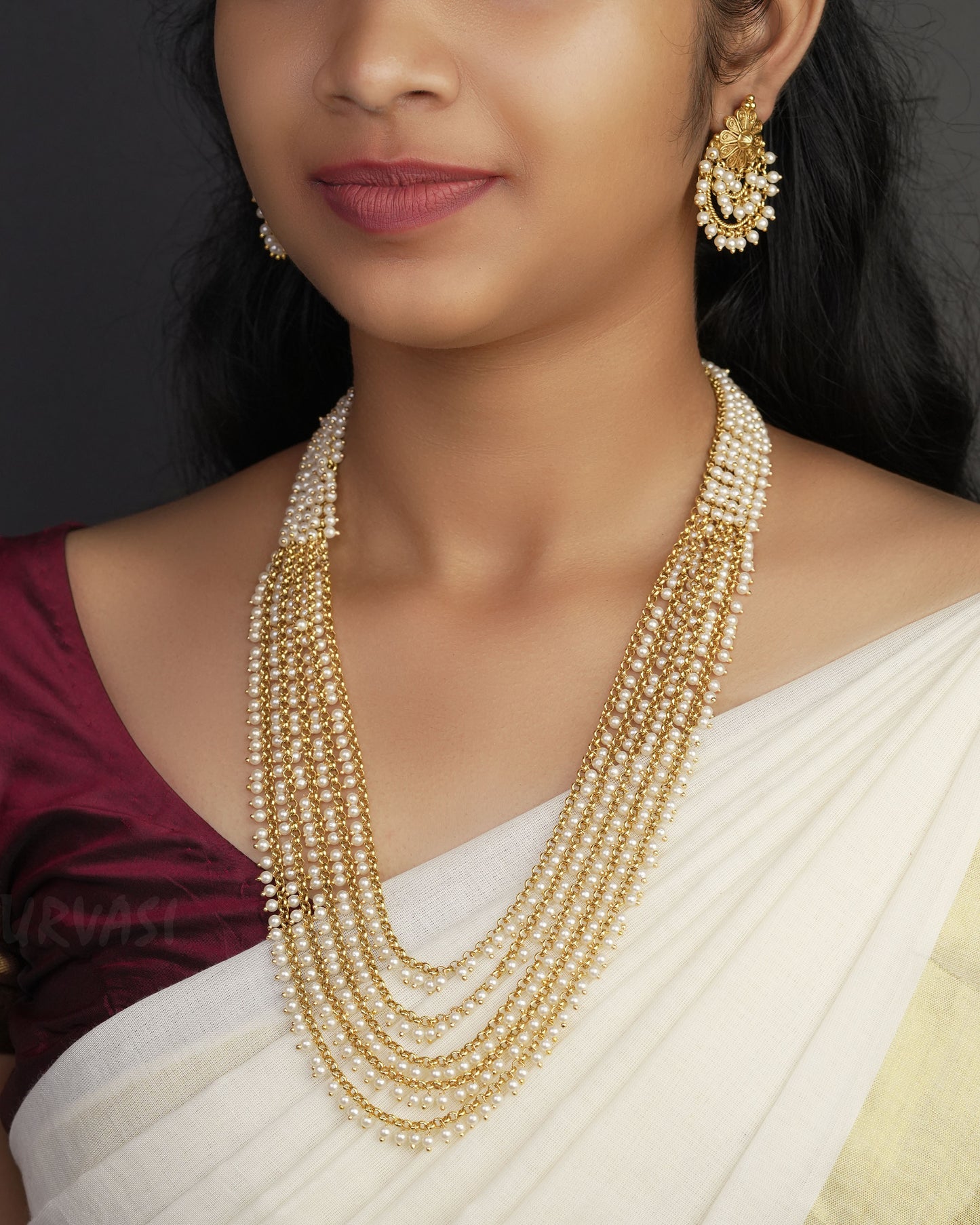 Gold-Toned Pearl Designed Floral Long Necklace 1035
