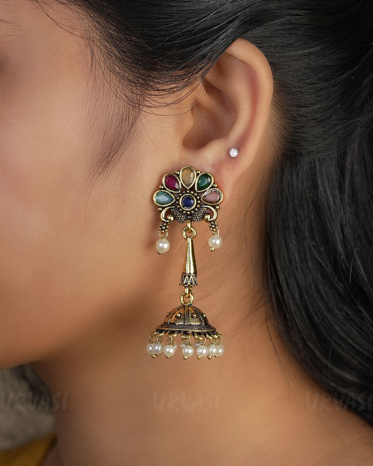 Floral Top Oxidised Gold  Jhumka Earrings  ER 445
