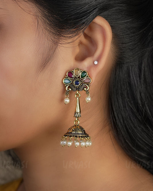 Floral Top Oxidised Gold  Jhumka Earrings  ER 445