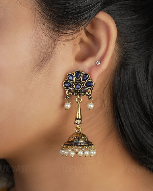 Floral Top Oxidised Gold Jhumka Earrings ER 446
