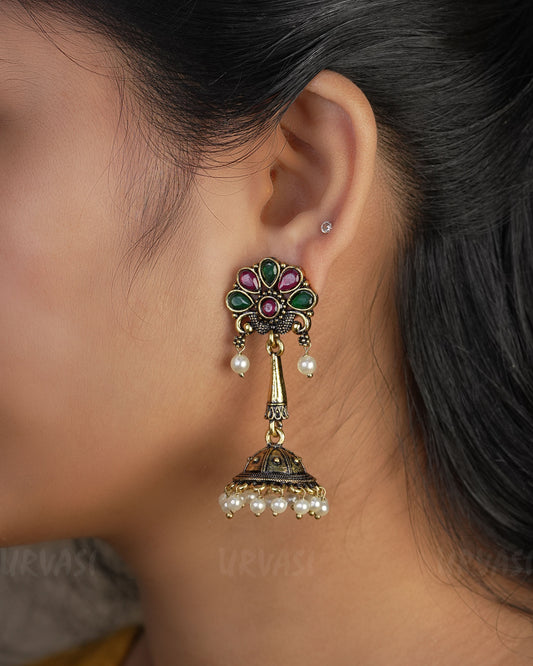 Floral Top Oxidised Gold Jhumka Earrings ER 447