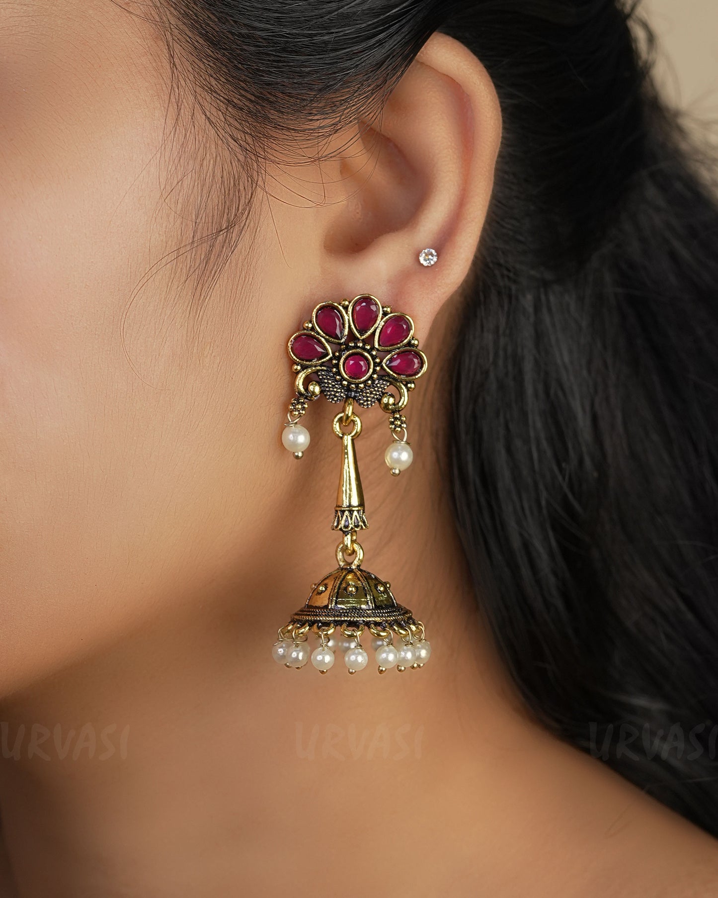 Floral Top Oxidised Gold Jhumka Earrings ER 451