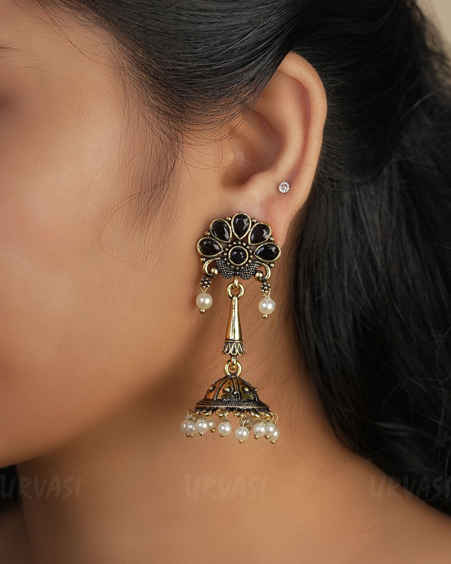 Floral Top Oxidised Gold Jhumka Earrings ER 453