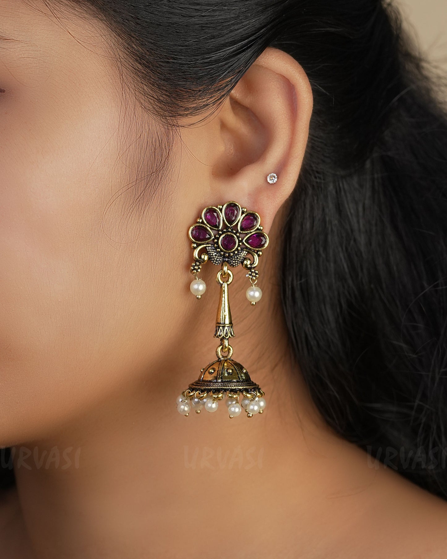 Floral Top Oxidised Gold Jhumka Earrings ER 454