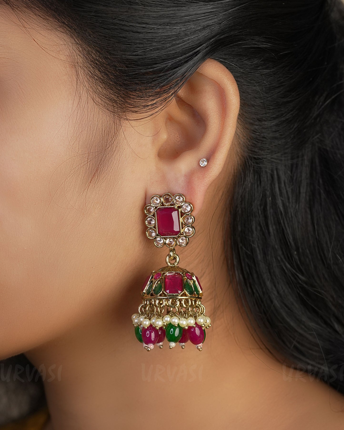 Mehendi Toned Kundan Jhumka Earrings ER 439