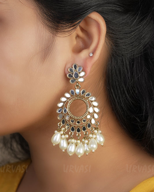 Ghungroo Pearl Mirror Floral Designed  Oxidised Gold Earrings ER 462