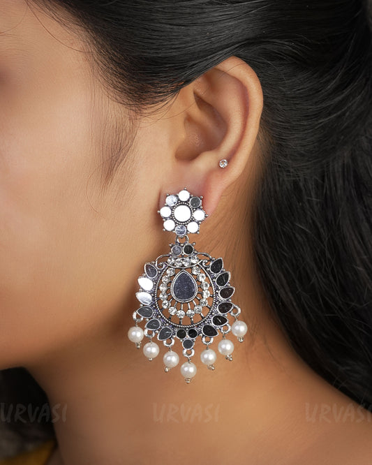 Rhodium-Toned Floral Mirror Pearl Hanging Earrings ER 461