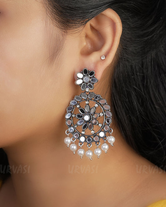 Rhodium-Toned Floral Mirror Pearl Hanging Earrings ER 460