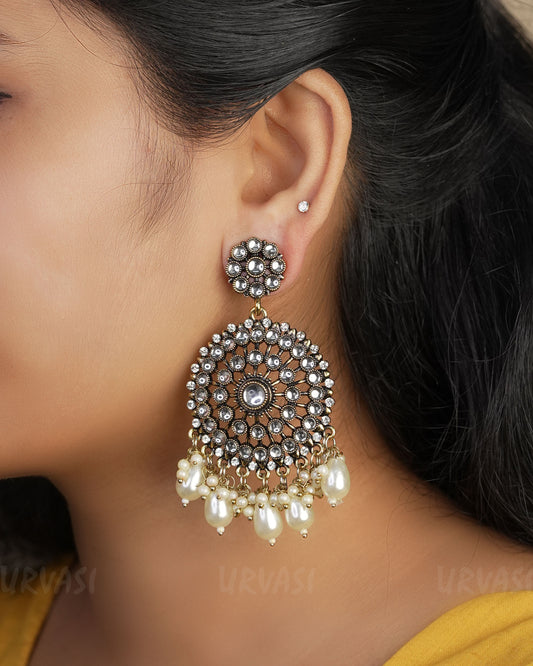 Kundan Chandbali Oxidised Gold Pearl Hanging Earrings  ER 456