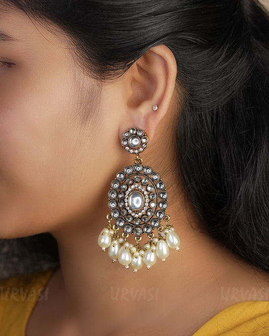 Kundan Chandbali Oxidised Gold Pearl Hanging Earrings ER 420