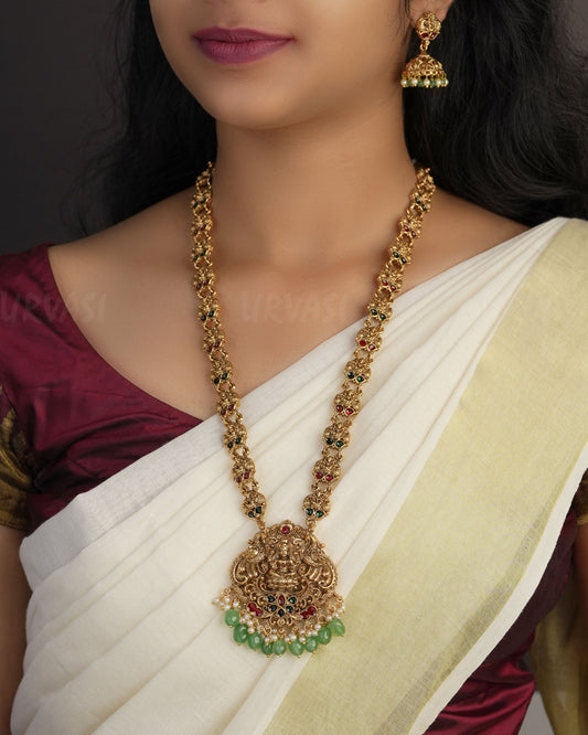 Gold-Toned Lakshmi Peacock Motif Pastel Hanging  Long Necklace 1062