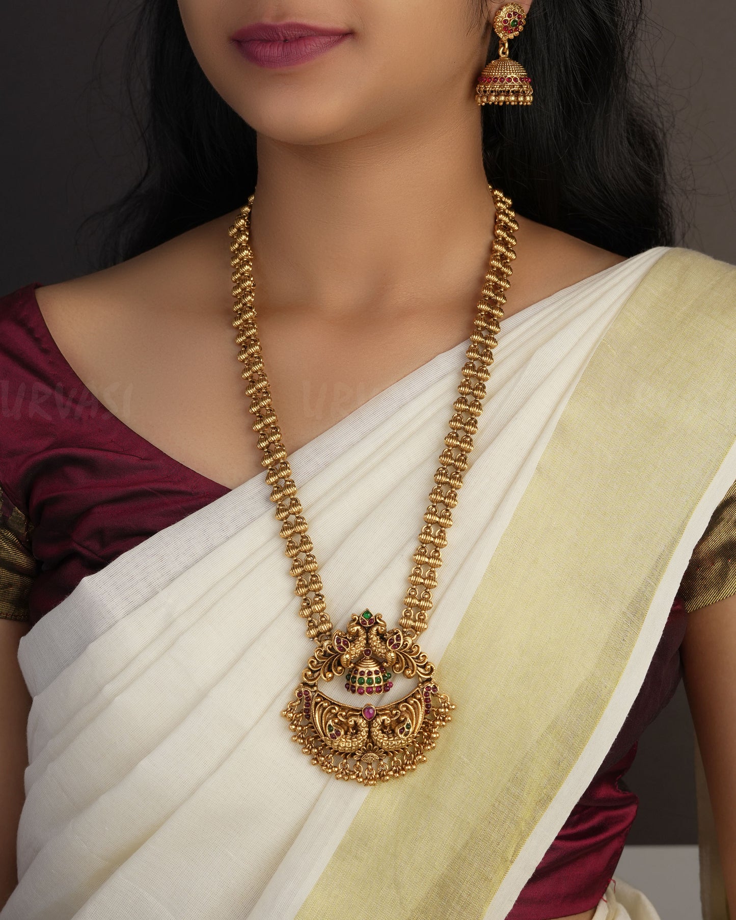 Gold-Toned Peacock Motif Non-Idol Long Necklace 1064