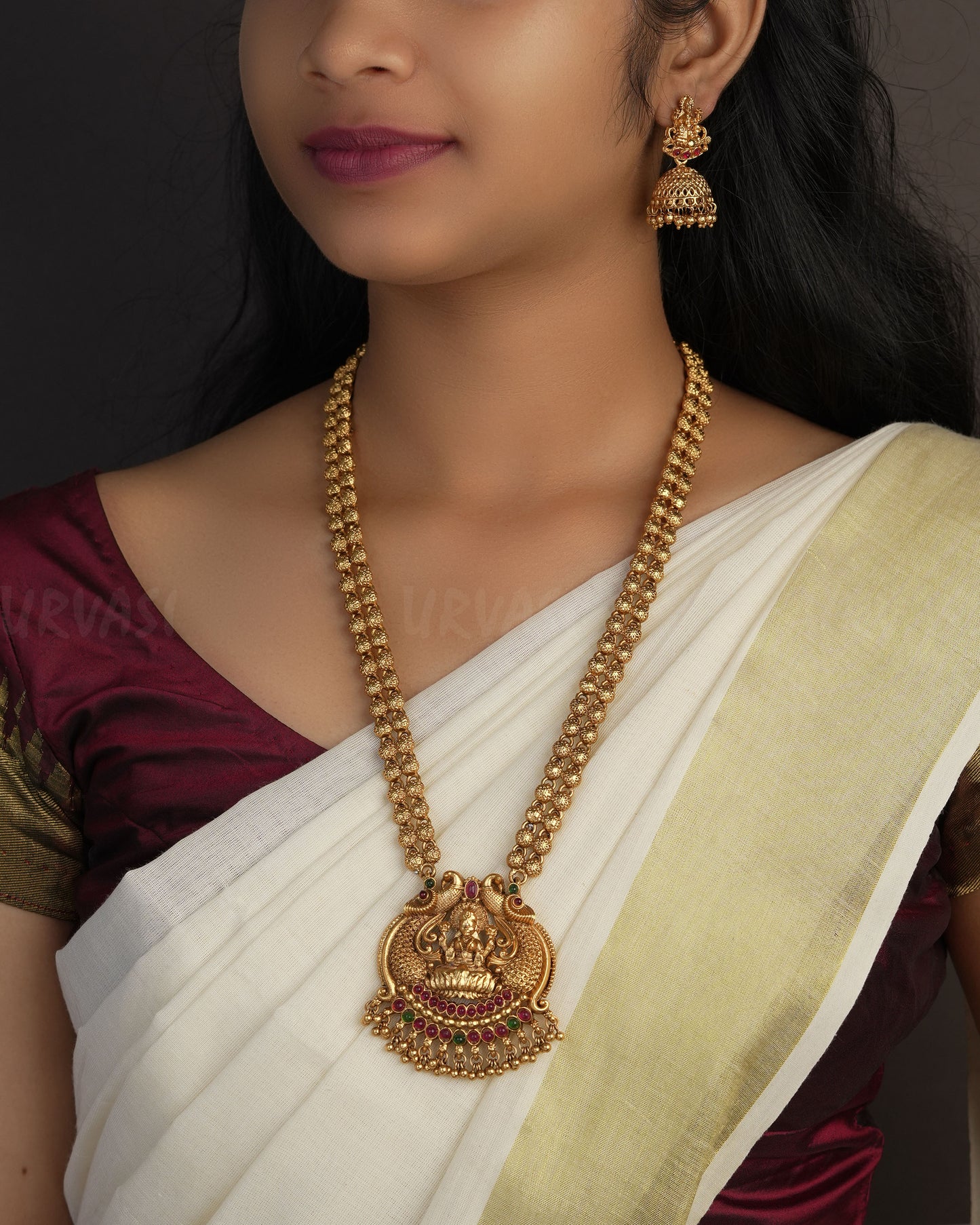 Gold-Toned Lakshmi Peacock motif Temple Long Necklace 1065