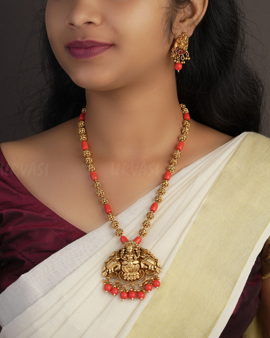 Gold-Toned Coral Lakshmi  With Elephant Motif  Ball Chain Long Necklace 1079
