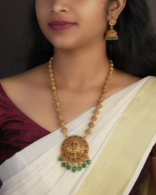 Gold-Toned Lakshmi Pendant Long Ball Chain Necklace 1078