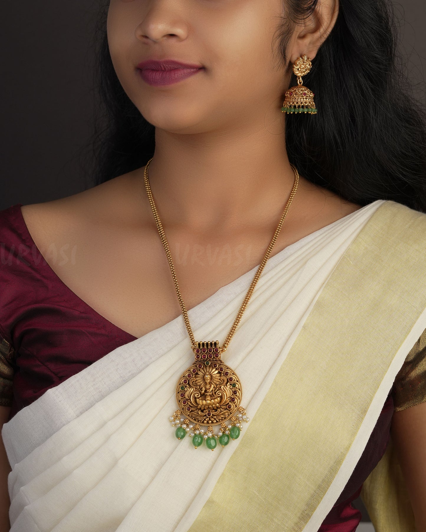Gold-Toned Lakshmi Pendant Long Ball Chain Necklace 1076
