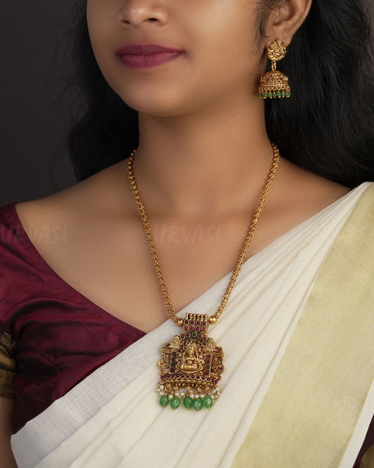 Gold-Toned Lakshmi Haram with Green Bead Necklace 1074