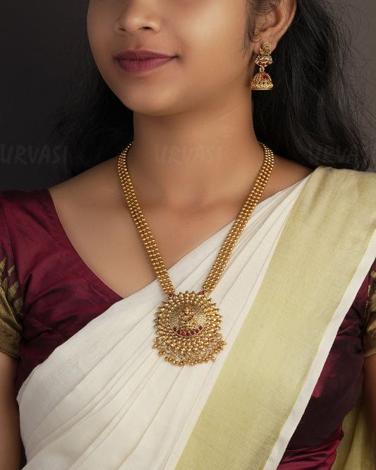 Gold Toned Lakshmi Designed Floral Long Necklace 1096