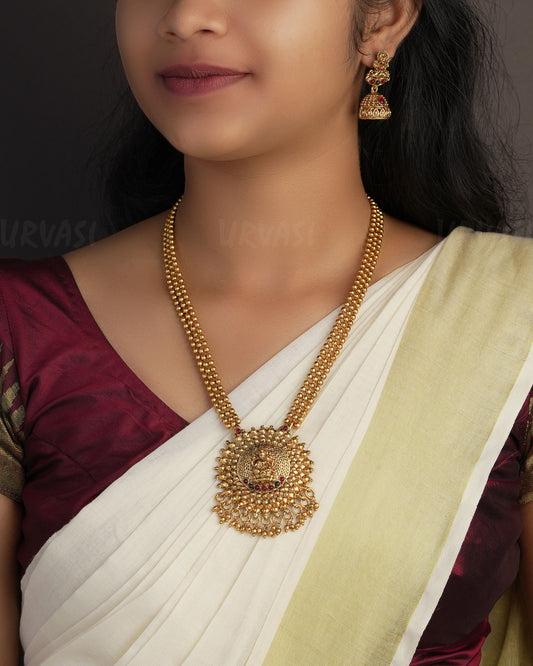 Gold Toned Lakshmi Designed Floral Long Necklace 1095