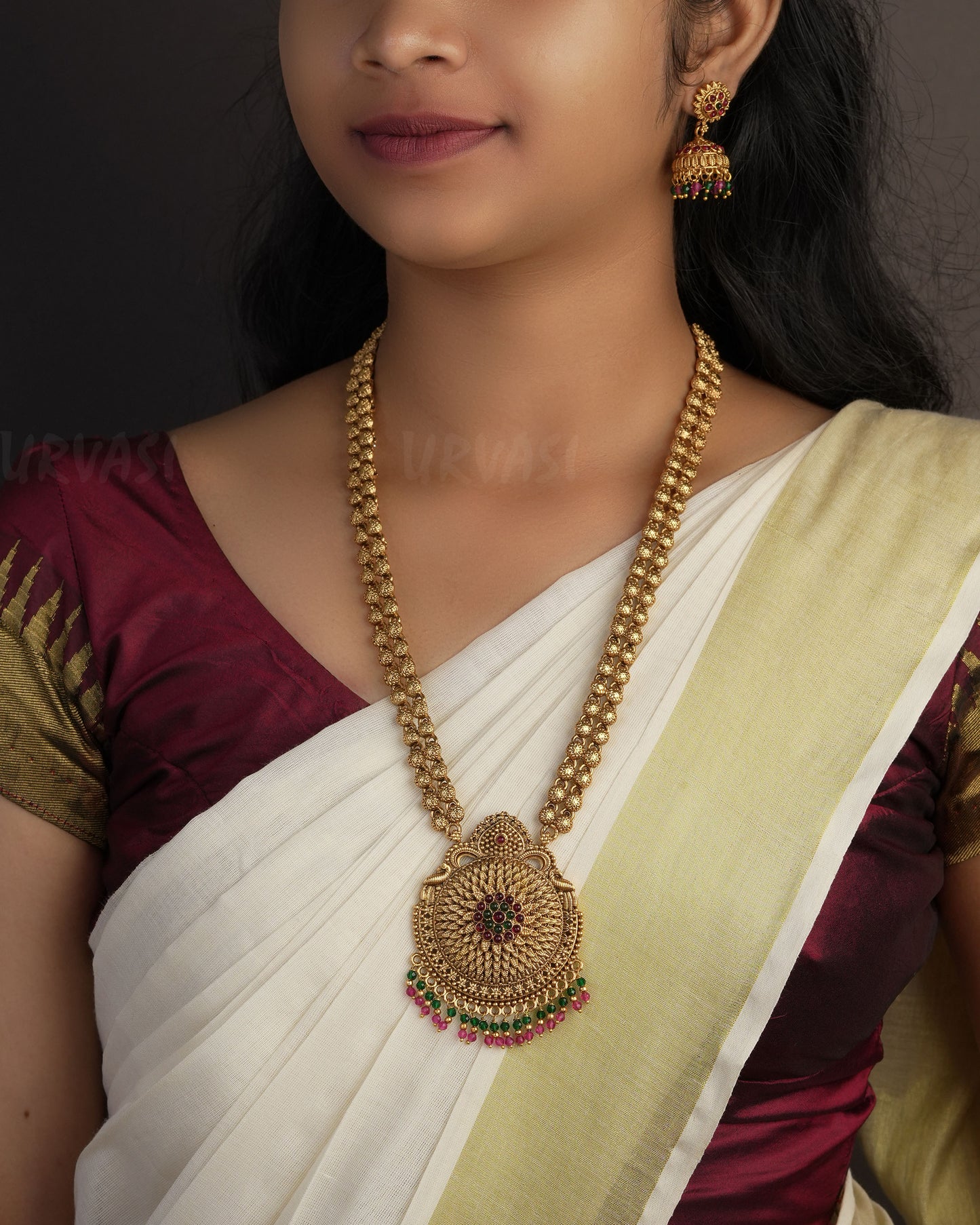 Gold-Toned  Floral Peacock Motif Long Necklace 1093