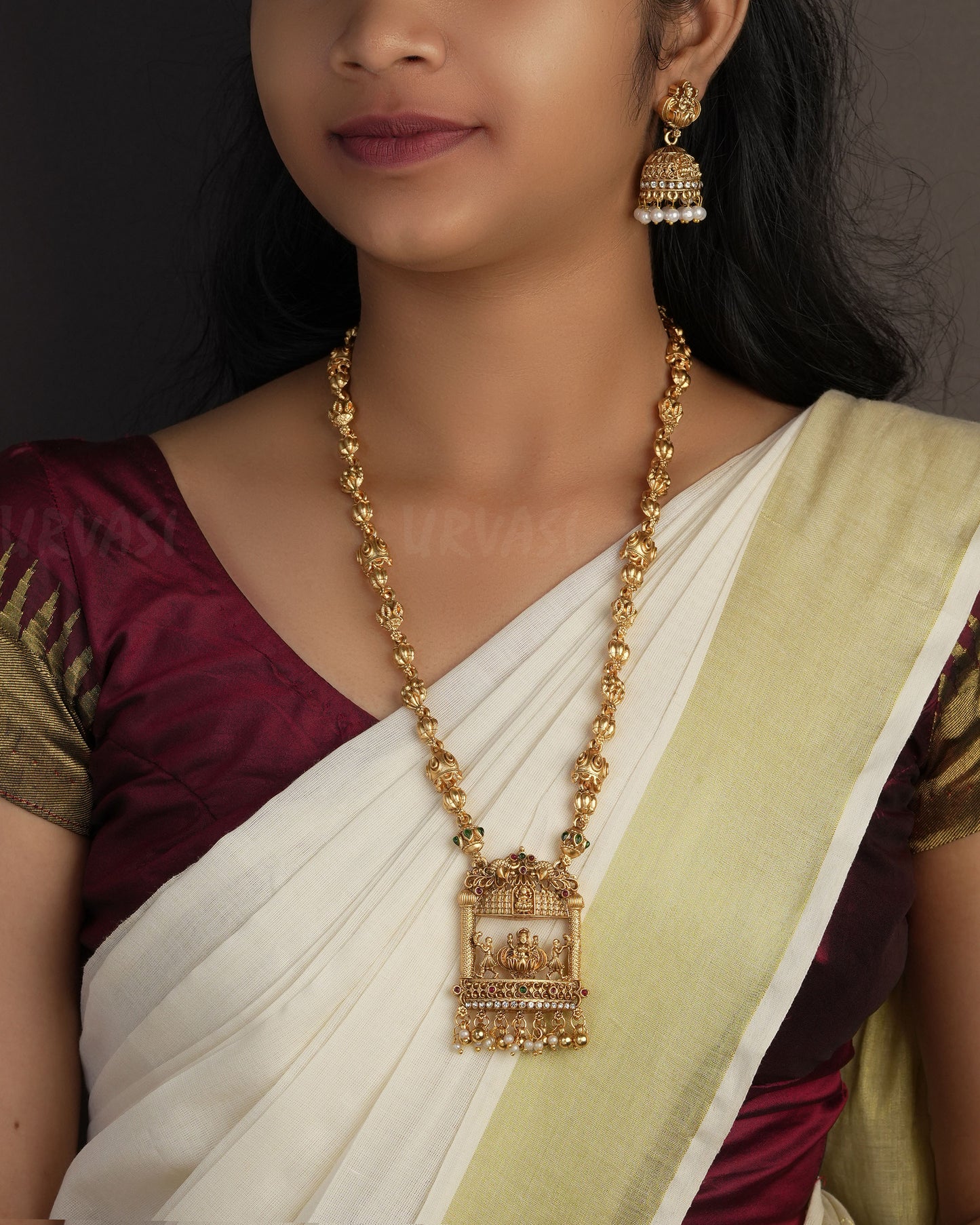 Gold-Toned Lakshmi Pendant Long Haram Necklace 1091