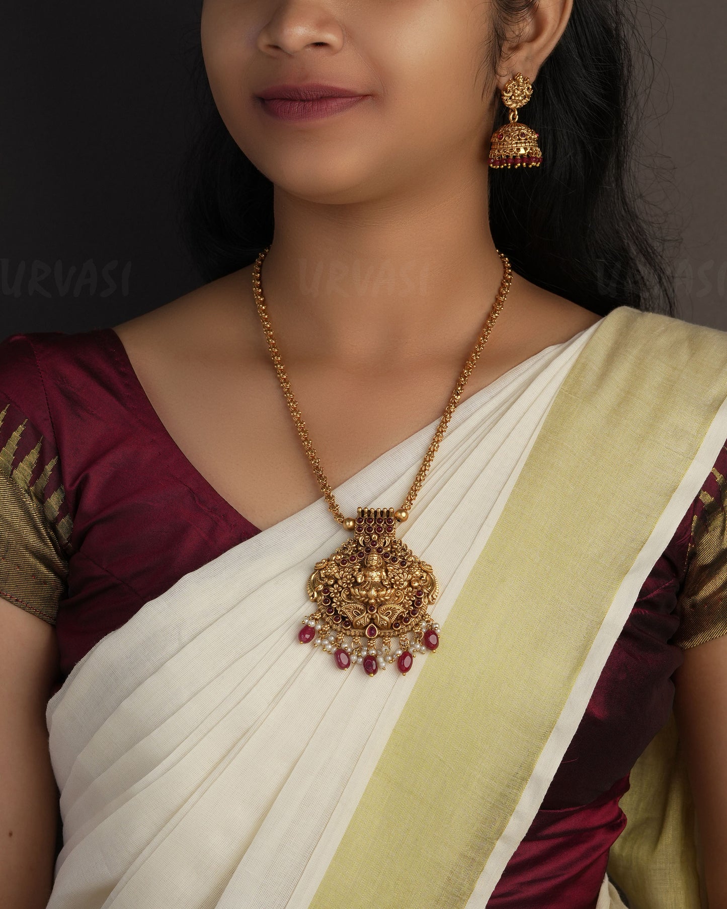 Gold-Toned Lakshmi Pendant Long Necklace 1109