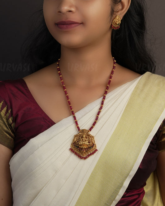 Gold-Toned Lakshmi Pendant Bead Long Necklace 1105