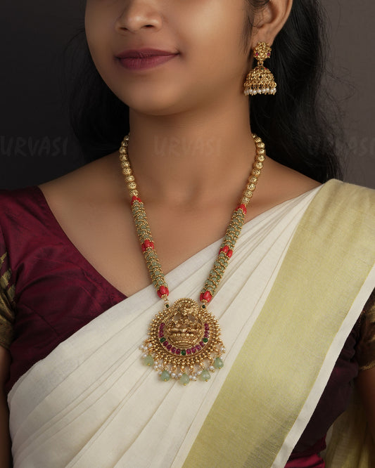 Gold-Toned Lakshmi Pendant Coral Bead Long Necklace 1104