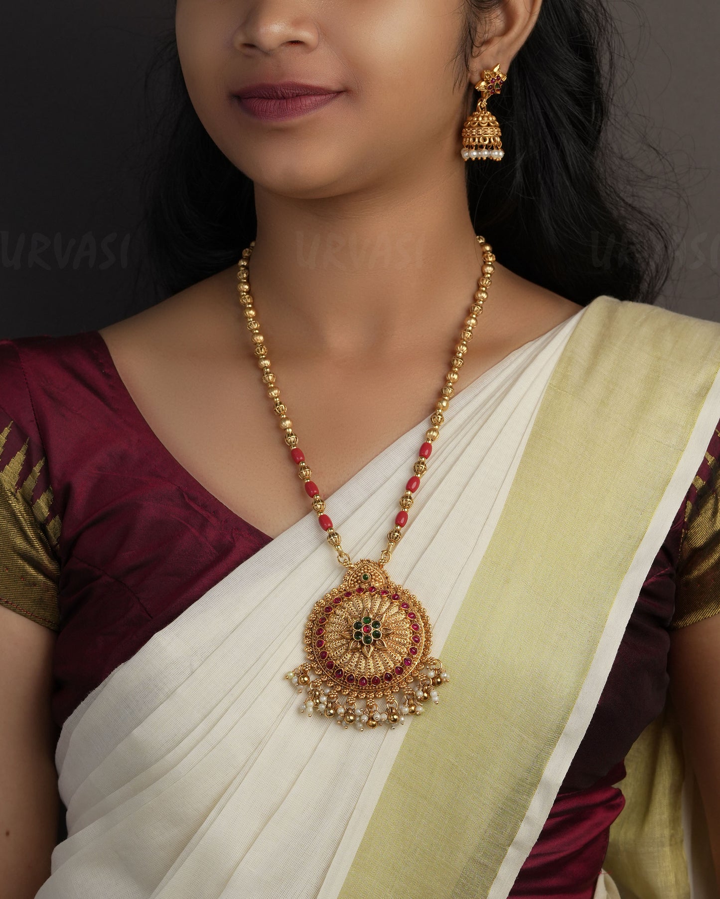 Gold-Toned floral Designed Coral and Pearl Long Necklace 1102