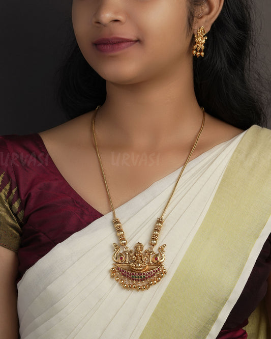 Gold-Toned Lakshmi Peacock Motif Pearl Long Necklace 1149
