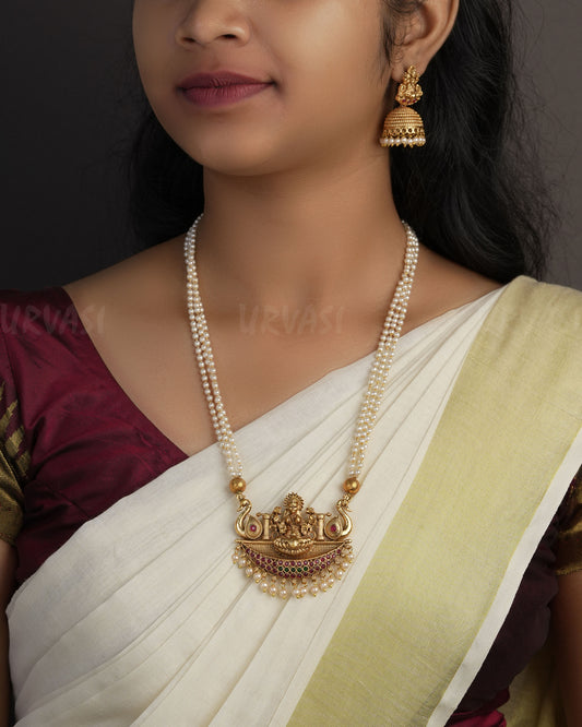 Gold-Toned Lakshmi Peacock Motif Pearl Long Necklace 1111