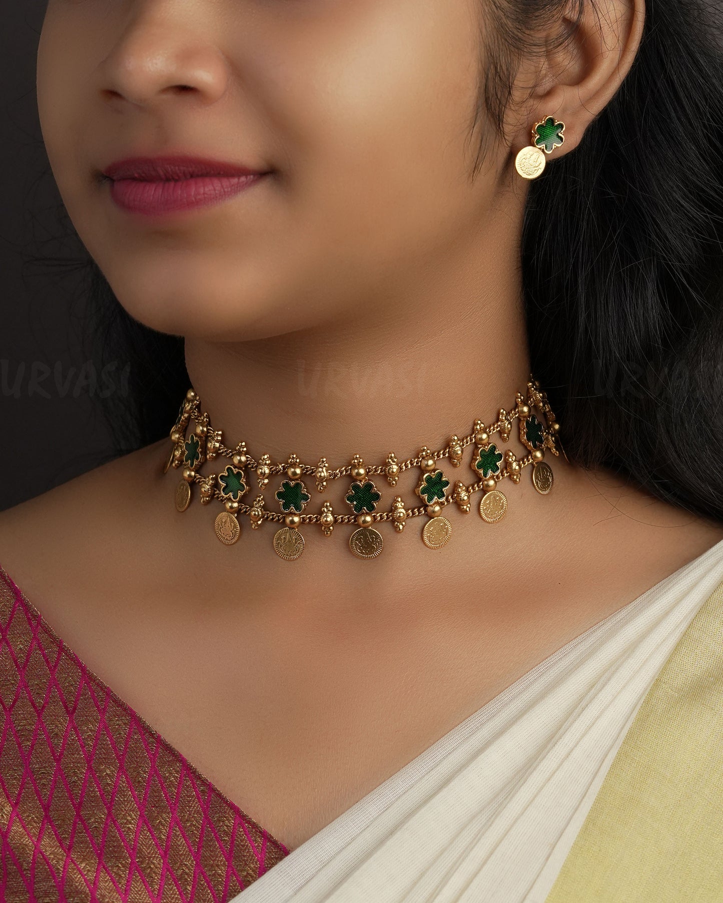 Gold-Toned Floral Lakshmi Kaasu Choker Necklace 1154