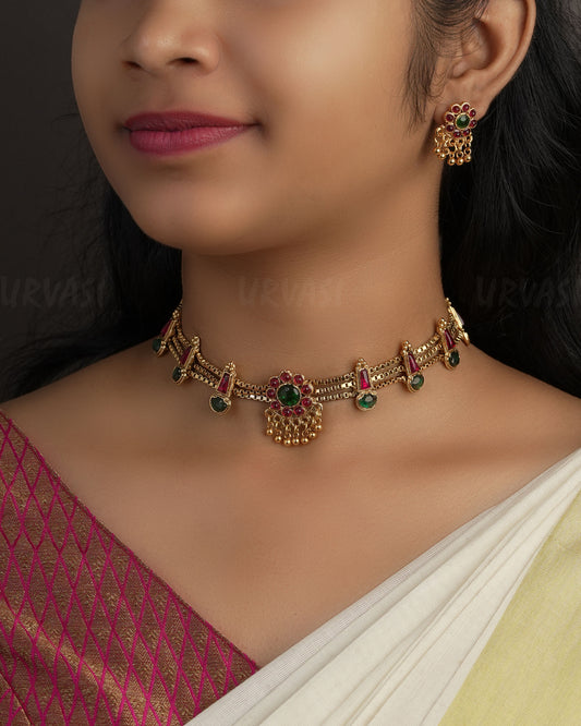Gold-Toned Palakka Version Three layer Choker Necklace 1157