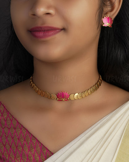 Gold-Toned Lotus Motif Coin Designed Choker Necklace 1145