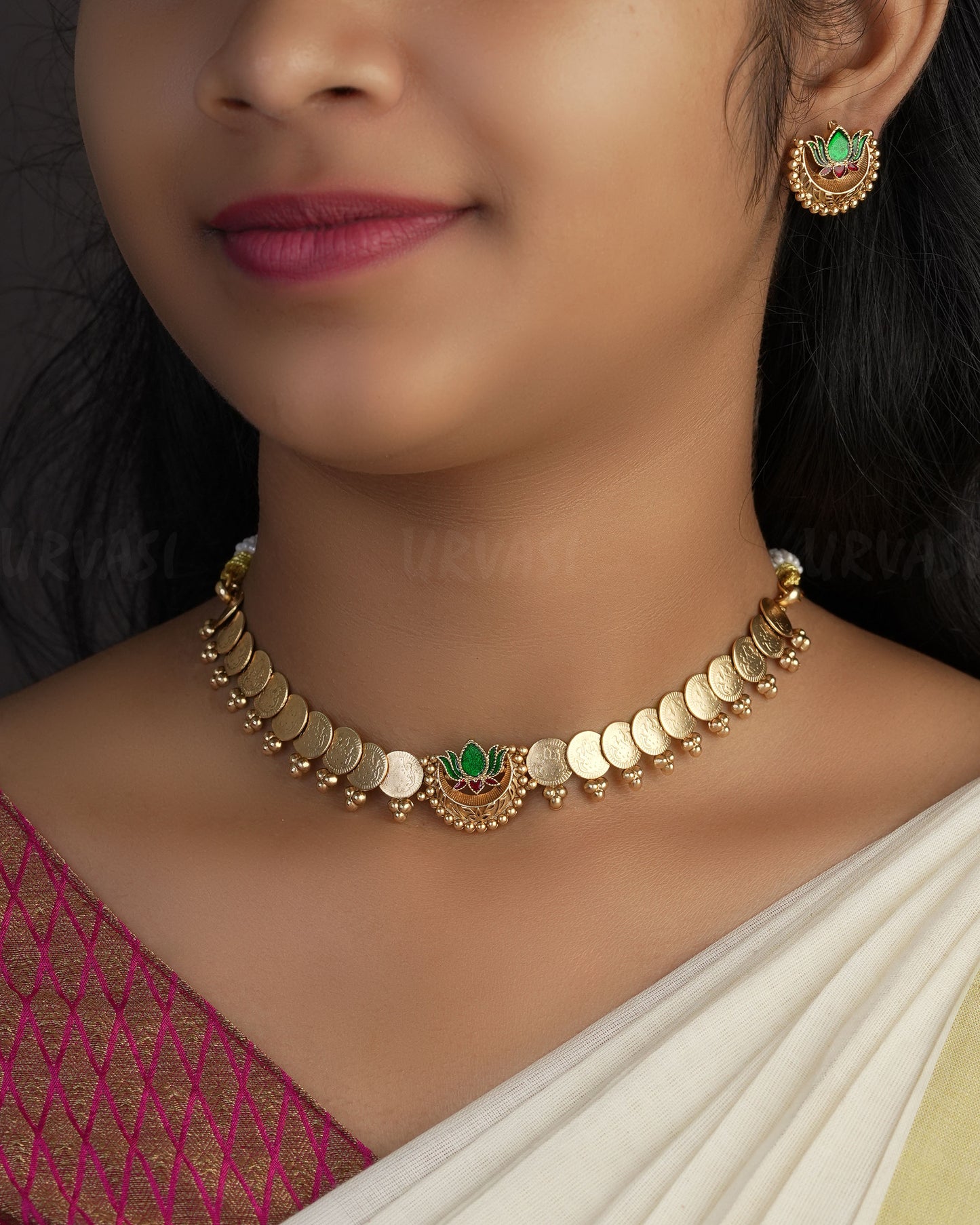 Gold-Toned Lotus Motif Coin Designed Choker Necklace 1117