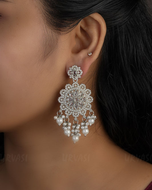 Rhodium Polish Cluster Drop Earrings ER 494