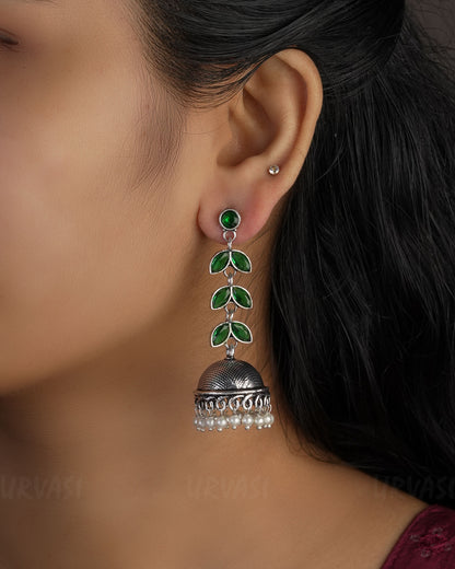 Leaf Motif Oxidised Silver Jhumka Earrings ER 497