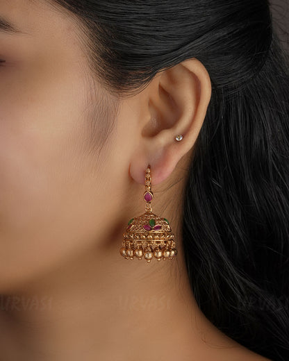 Gold-Toned Floral Hanging Jhumka Earrings ER 500