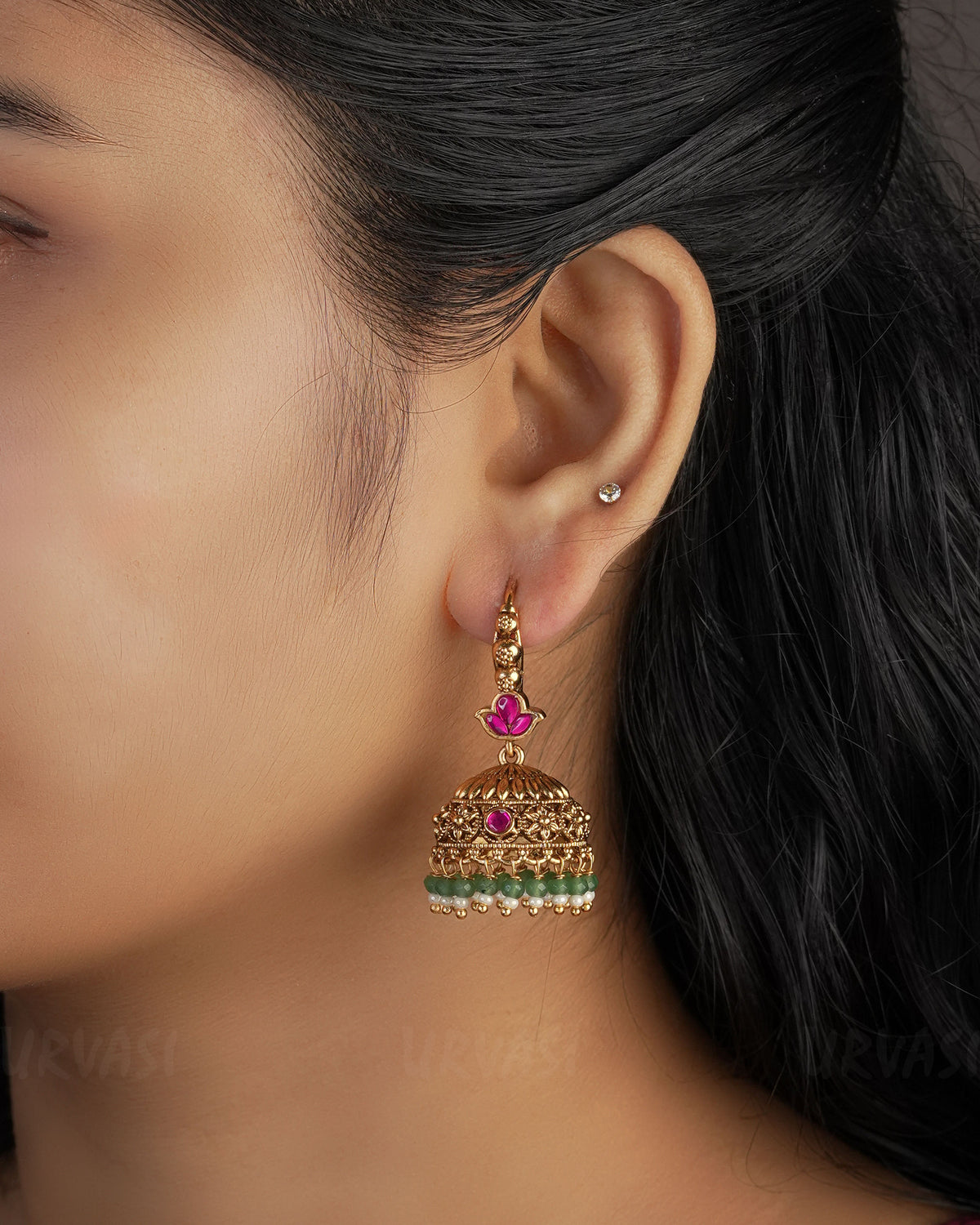 Gold-Toned Floral Hanging Jhumka Earrings ER 505