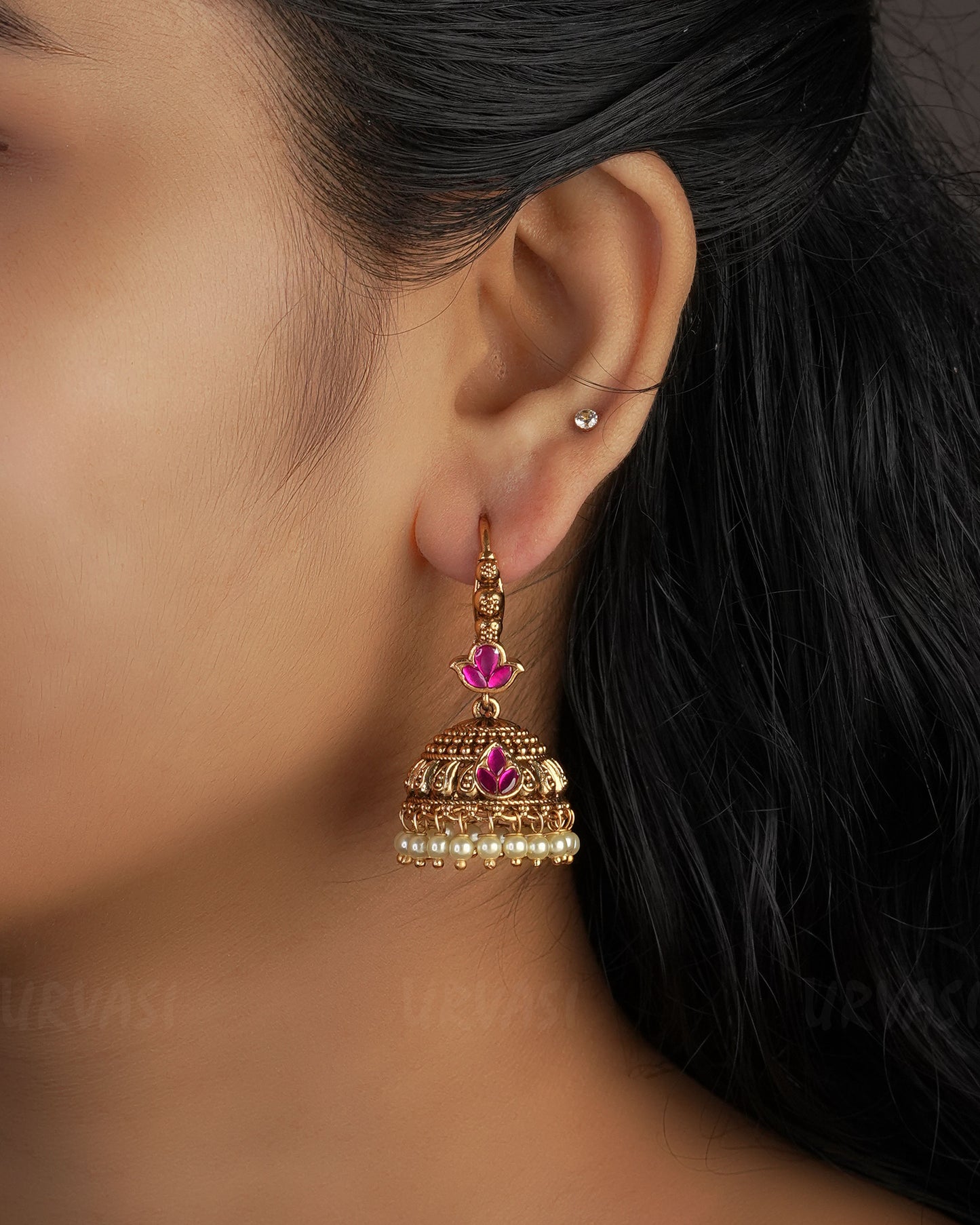 Gold-Toned Floral hanging Jhumka Earrings ER 289