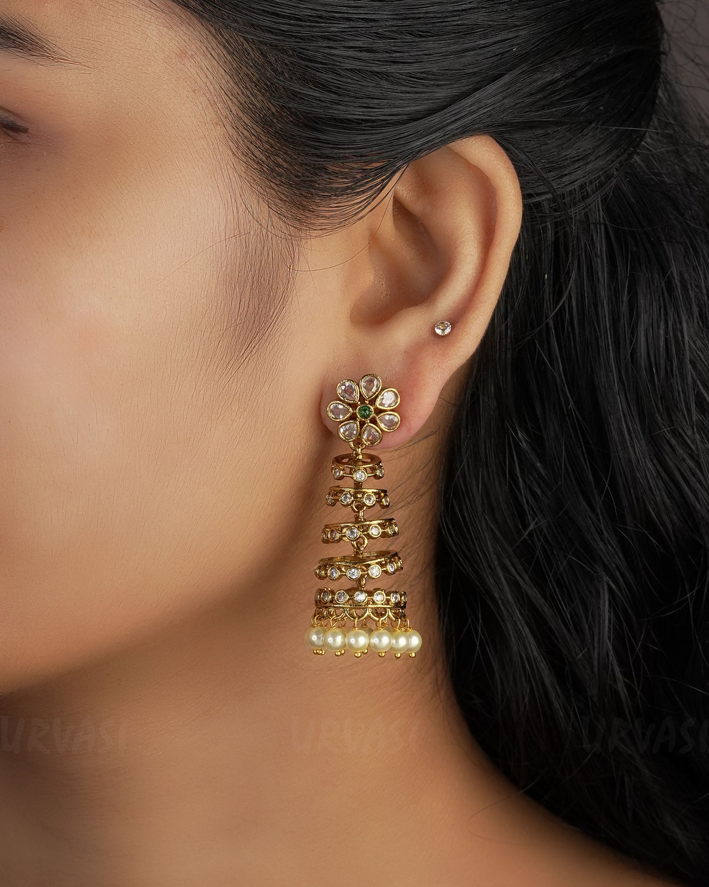 Gold-Toned Flower Tower Stone  Earrings ER 508