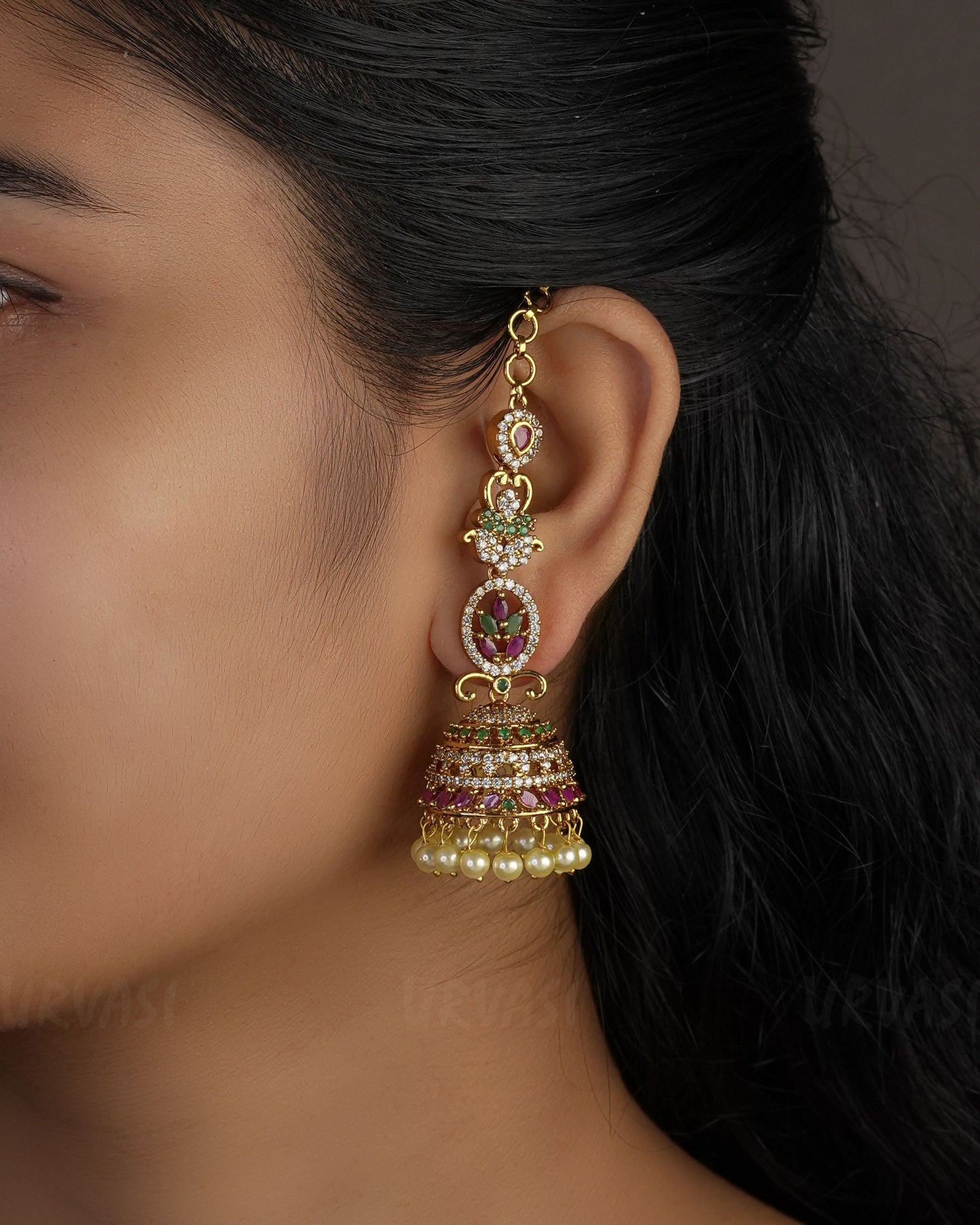 Gold-Toned AD Jhumka With Mattal Earrings ER 779