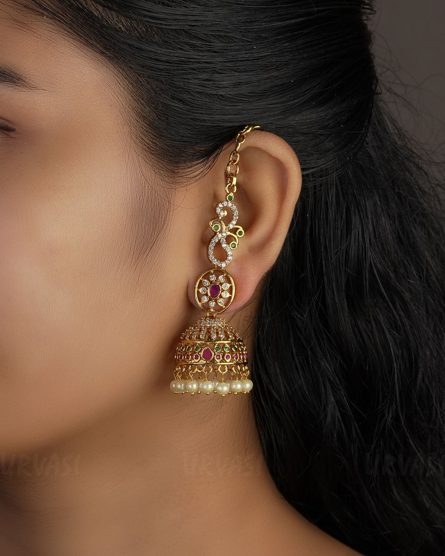 Gold-Toned AD Jhumka With Mattal Earrings ER 514