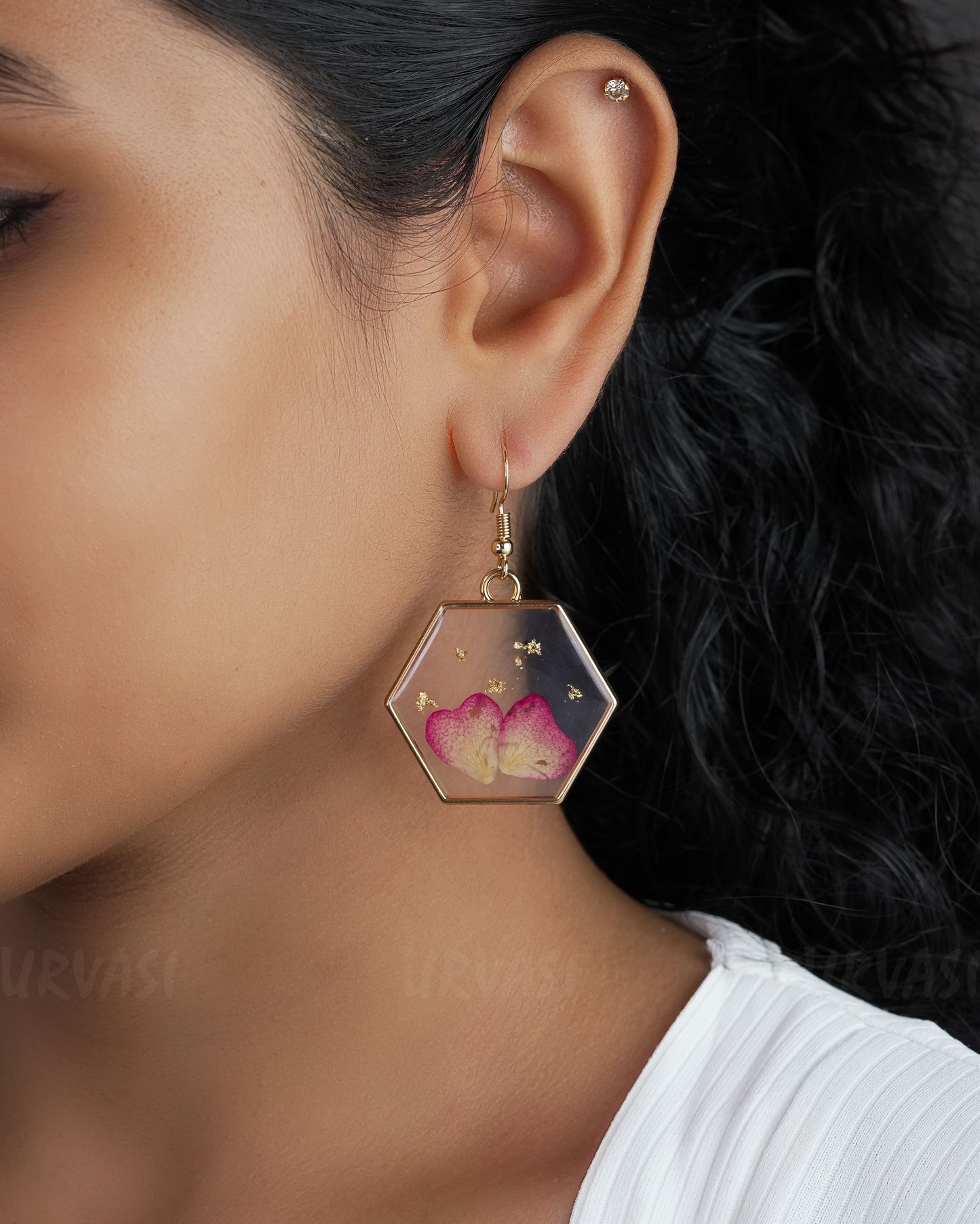 Gold-Toned Handmade Rose Petal Hexagonal Resin Earrings ER 515