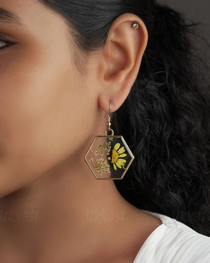 Gold-Toned Resin Handmade Hexagonal Sunflower Earrings ER 516