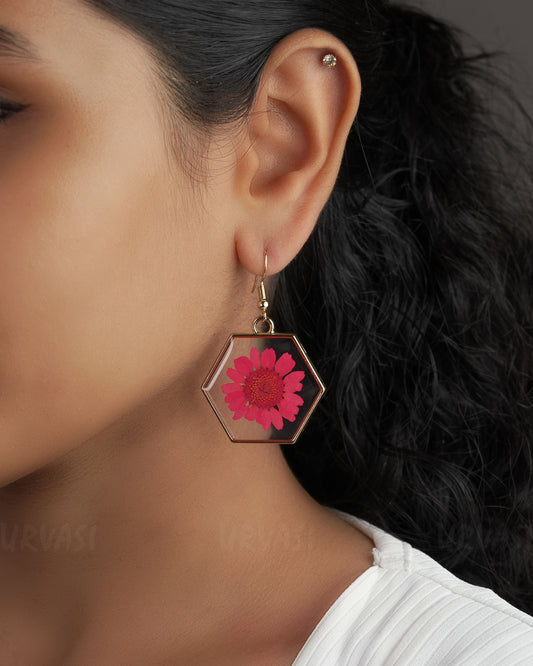 Gold-Toned Resin Handmade Hexagonal Daisy Earrings ER 517